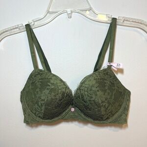 Victoria's Secret Bra Dream Angels Push Up Underwire Olive Green Lace 32C NWOT